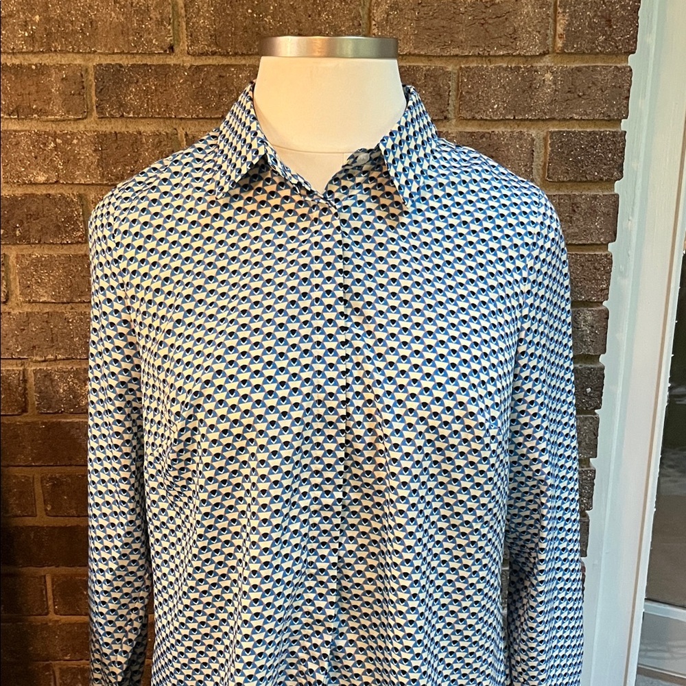 Eloquii Blue and White Geometric Button Front Shirt Blouse Size 16